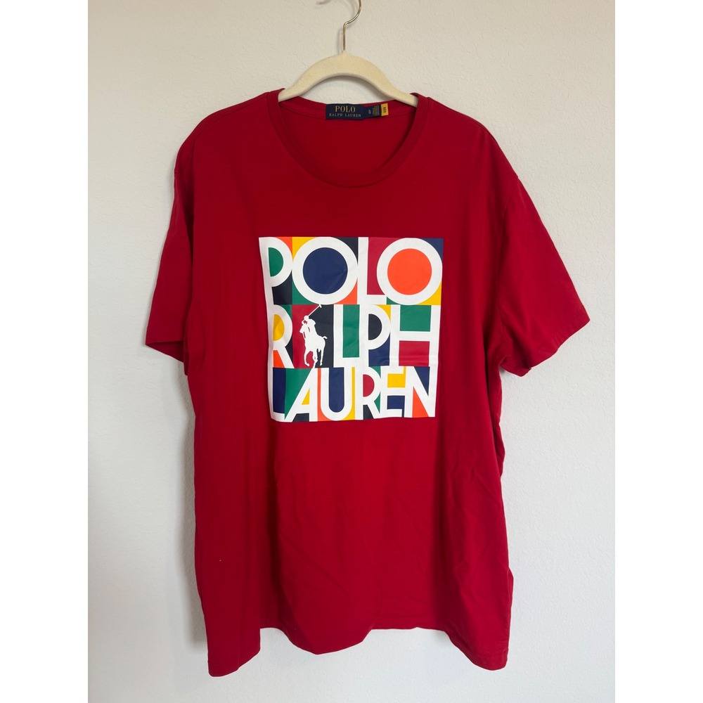 Polo Ralph Lauren Red Graphic T-Shirt Mens XL Multi Color Block Logo Tee-0721